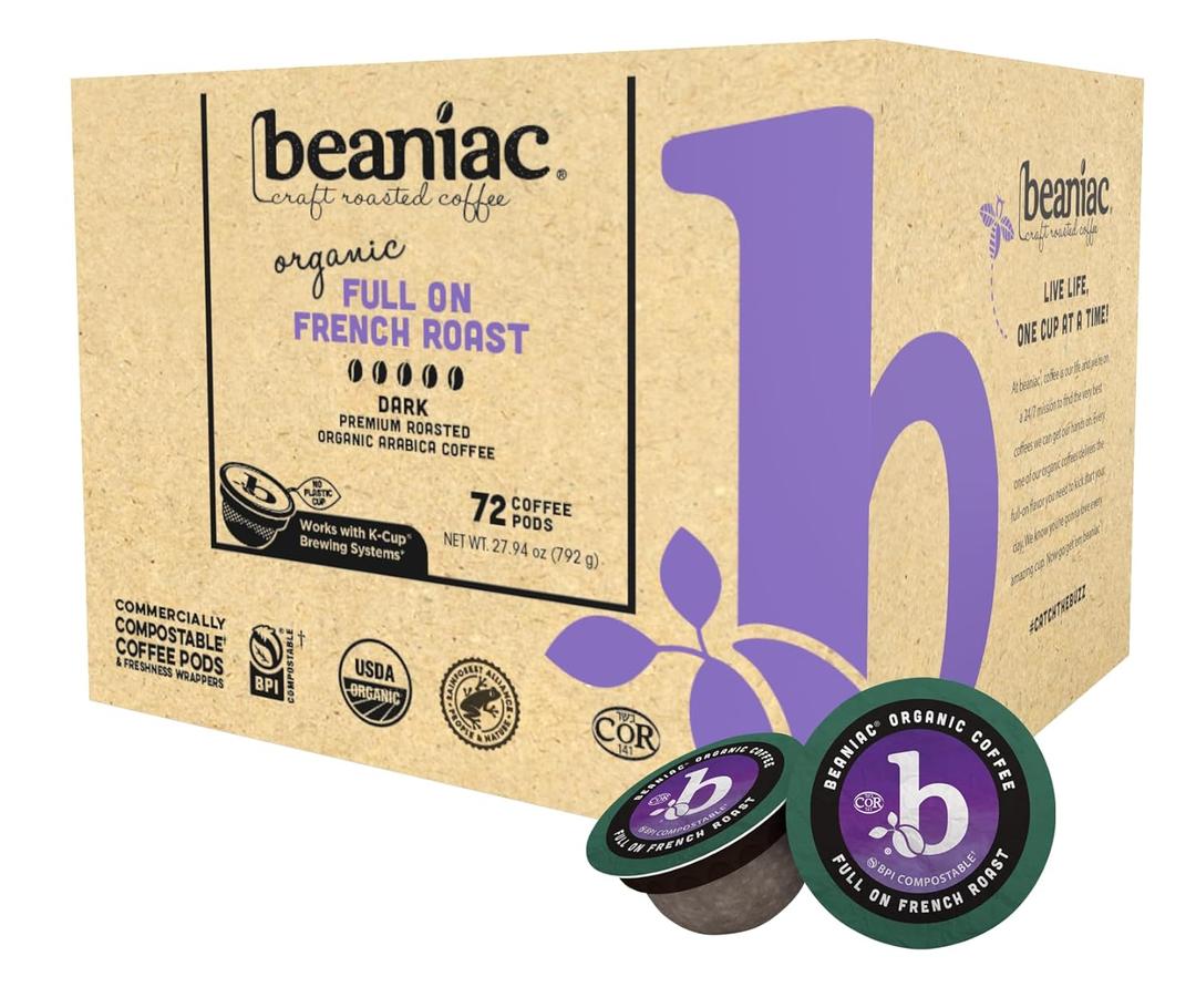 beaniac Organic Full On French Roast, Dark Roast, Single Serve Compostable K Cup Coffee Pods, Organic Arabica Coffee, Keurig Brewer Compatible, 72 Count (EXP 12/03/24)