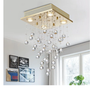 Bestier Gold Modern Crystal Square Raindrop Chandelier Lighting Flush Mount LED Ceiling Light Fixture Pendant Lamp for Dining Room Bathroom Bedroom Livingroom 4 GU10 Bulbs Required 12" Wide 20" High