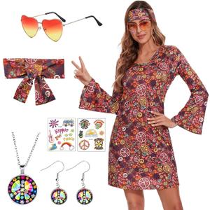 ATAMET 70's Women Costumes Hippie Dress, 1970s Outfits Accessories Set, 60s 70s Disco Prom Dress, Carnival Halloween Costumes (M)