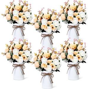 Domensi 6 Sets Wedding Centerpiece for Table Artificial Rose with Vase Fake Bouquets and Metal Pot Floral Arrangements for Holiday Party Event Table Decor (Champagne)