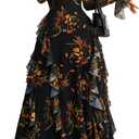 GothDark Women's Floral Dress Mesh Sheer Long Sleeve Square Neck Ruffle Layered Elegant Date Night Holiday Party Outfit, Small, Orange Print