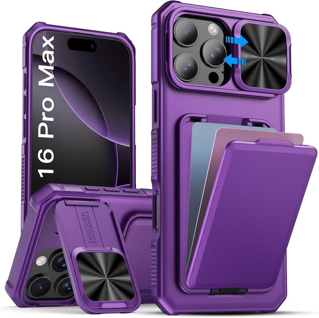SSLOTSCASE for iPhone 16 Pro Max Case with Credit Card Holder & Stand & Slide Lens Cover & Kickstand, Stylish Sturdy TPU Soft Silicone Edge Protective Phone Case for iPhone 16 Pro Max 6.9", Purple