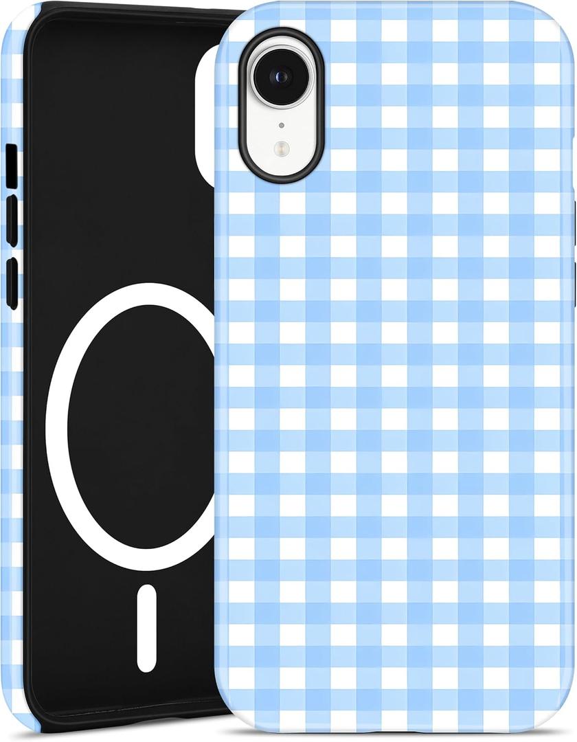 Jusy Compatible with MagSafe Checkered Case for iPhone XR, Cute Aesthetic Plaid Magnetic Phone Case, Soft TPU and Hard PC Protective Phone Cover for Women GirlsMatte - Blue Plaid