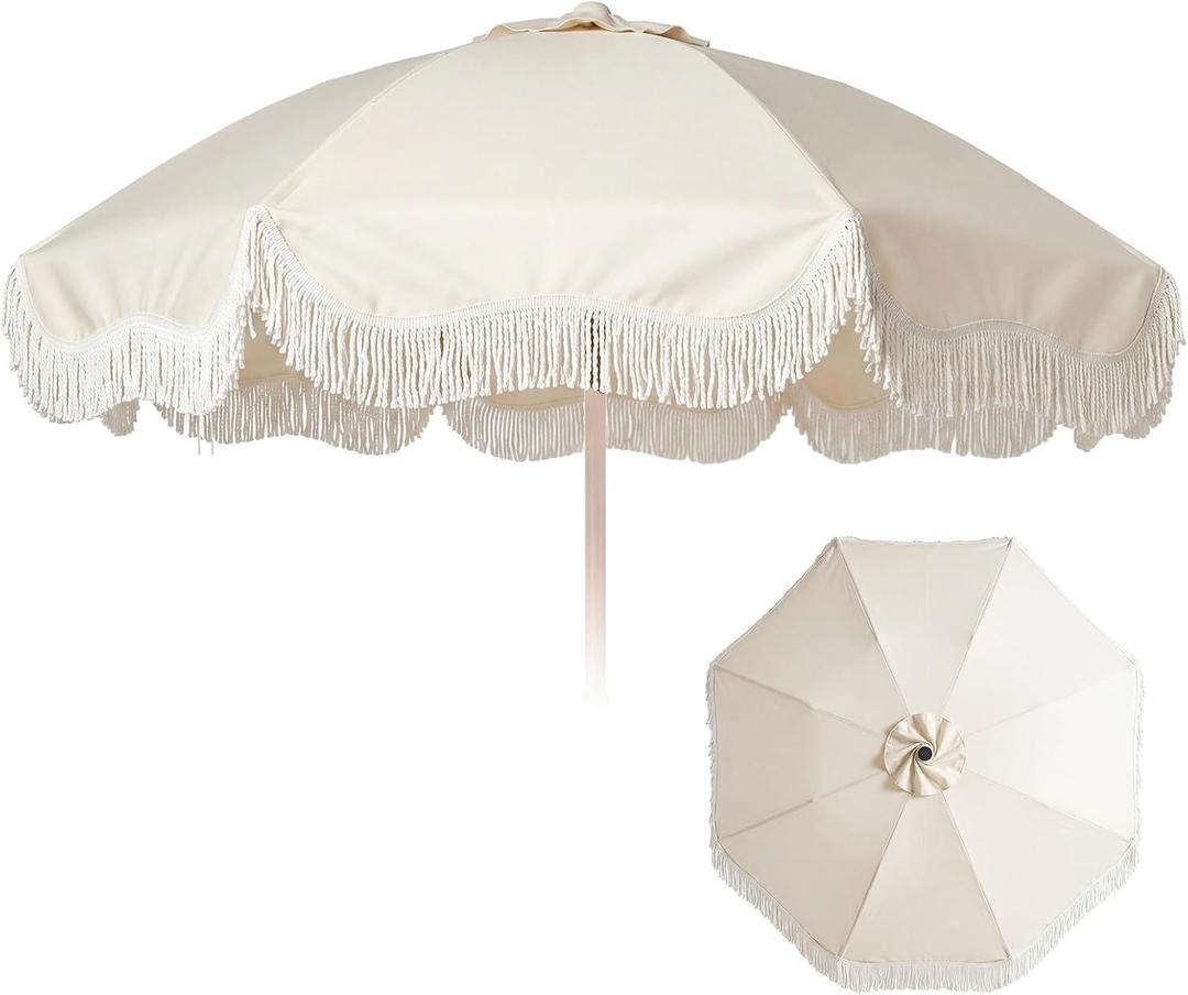 6.5ft Boho Fringe Patio Umbrella Canopy Replacement 8 Ribs Outdoor Umbrella Replacement Beach Tassel Scalloped Edge Canopy for Protection Deck Poolside Picnic Stand Not Included