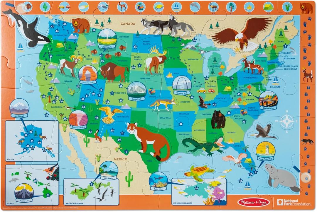 Melissa & Doug National Parks U.S.A. Map Floor Puzzle  45 Jumbo and Animal Shaped Pieces, Search-and-Find Activities, Park and Animal ID Guide - FSC Certified