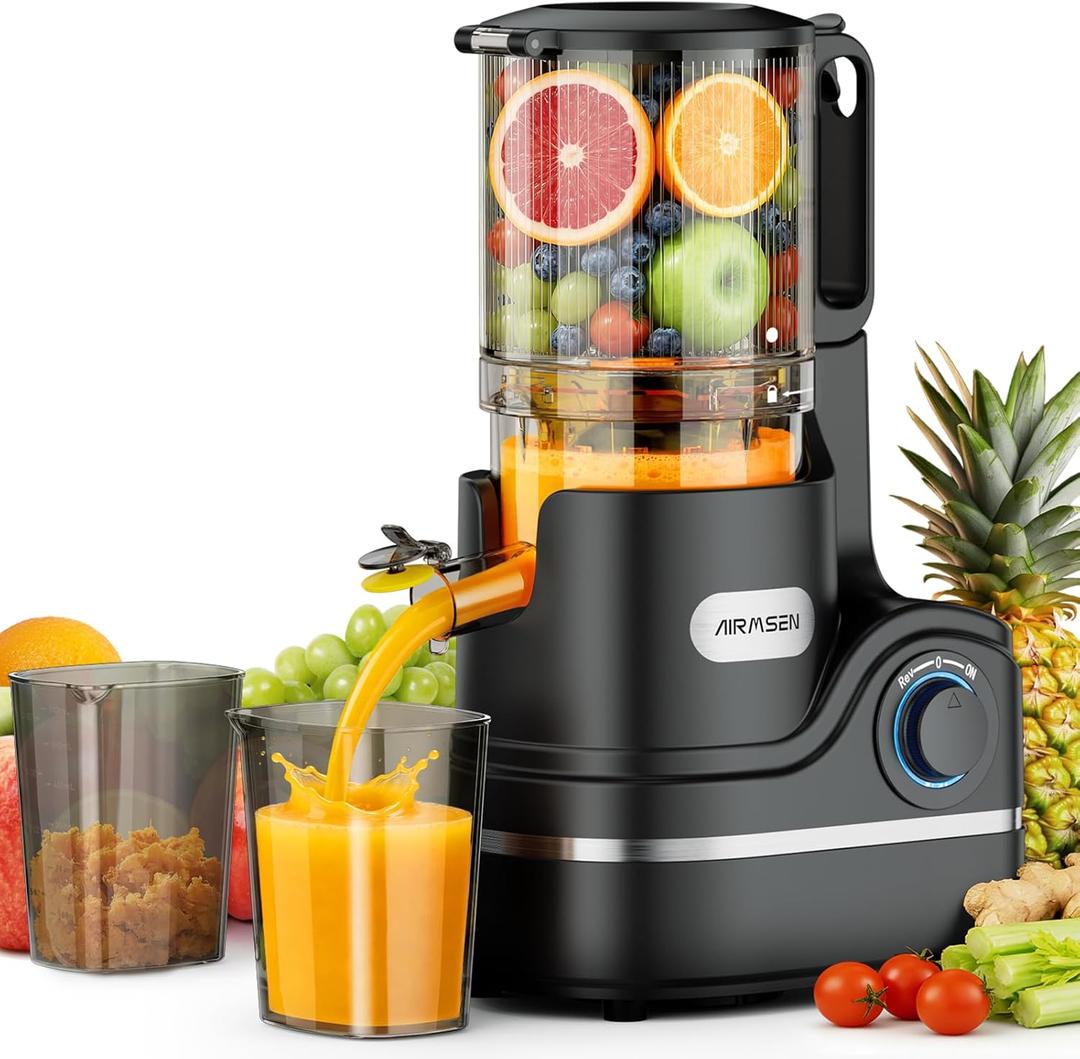 AIRMSEN Juicer Machines, 5.8" Feed Chute Cold Press Juicer for Whole Fruit and Vegetable, 2.2 qt Auto-Feed Time-Saver, 7+1-Stage New Upgraded Auger Slow Masticating High Yield, Easy to Clean Black
