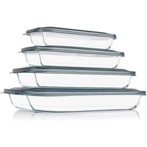 KOMUEE 8 Pieces Glass Baking Dish with Lids Rectangular Glass Baking Pan Bakeware Set with Lids, Baking Pans for Lasagna, Leftovers, Cooking, Kitchen, Fridge-to-Oven, Gray