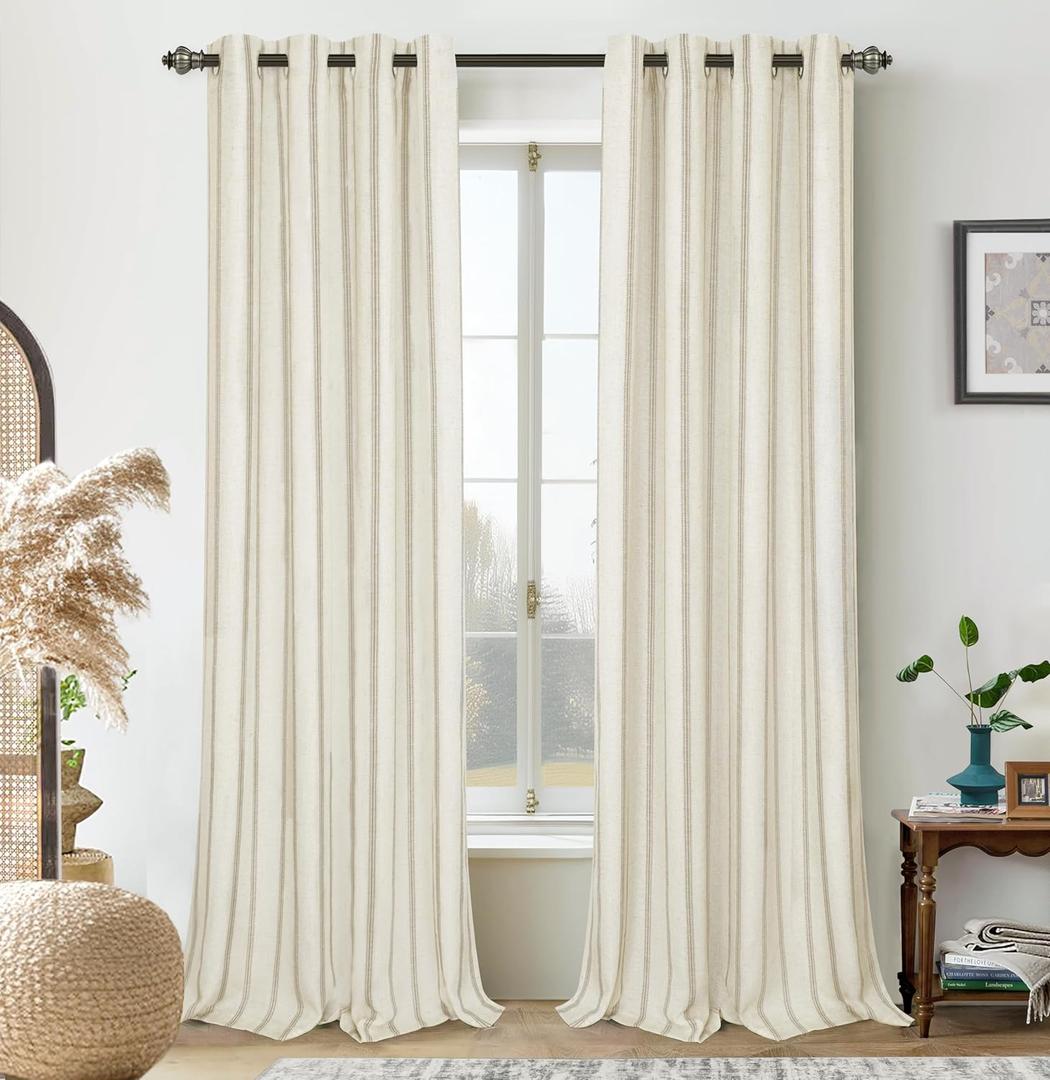 DriftAway Farmhouse Linen Blend Blackout Curtains 96 Inches Long for Bedroom Vertical Striped Printed Linen Curtains Thermal Insulated Lined Treatments for Living Room 2 Panels W52 x L96 Camel Beige