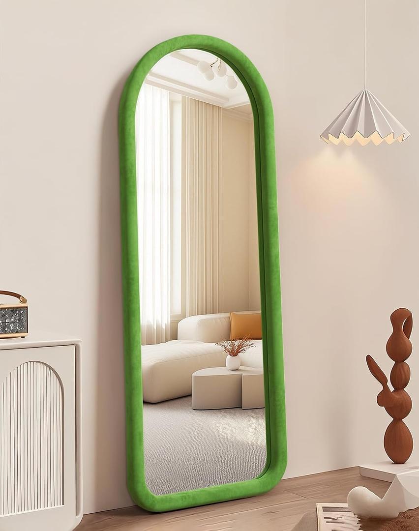 Arched Full Length Mirror, Free Standing Floor Velvet Finish Frame Mirror for Leaning or Hanging, Soft Touch Bedroom & Living Room Decor,Green