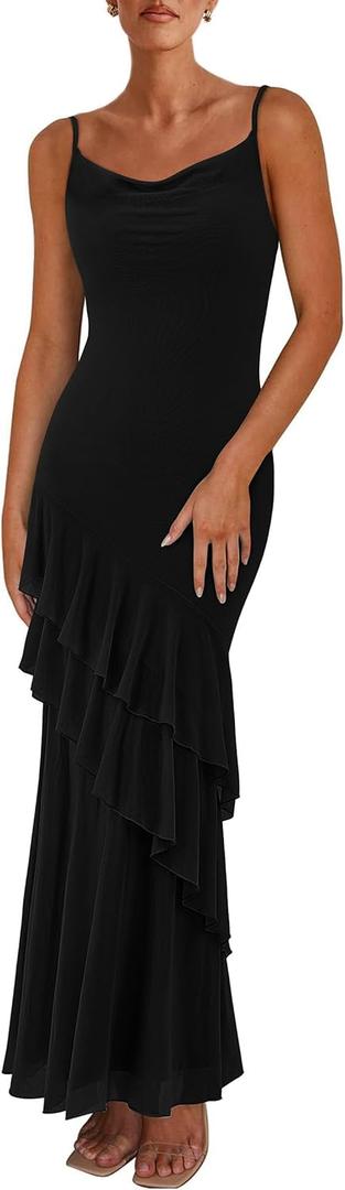 PRETTYGARDEN Maxi Dresses for Women 2025 Summer Tiered Floral Beach Sundress Spaghetti Strap Wedding Guest Long Dress (Medium, Solid Black)