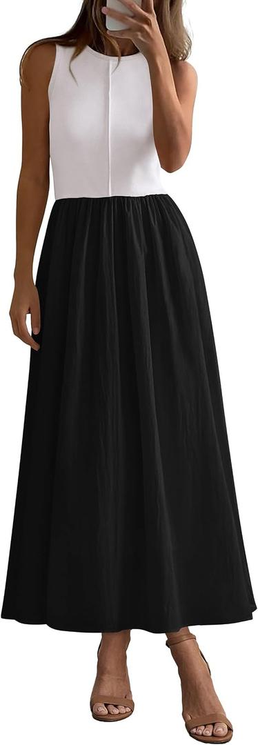 PRETTYGARDEN Maxi Dresses for Women 2026 Summer Casual Sleeveless Patchwork Flowy Vacation Sundress Knit Long Work Tank Dress, Medium