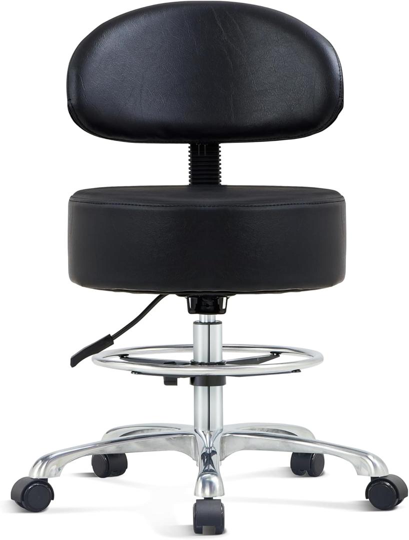 Height Adjustable Rolling Shop Stool with Back Support - Kitchen Stool with Wheels Heavy Duty Stool with Back for Salon,Spa,Massage,Tattoo,Esthetician  Rolling Stool Extra Thick for Extreme Comfort (Black)