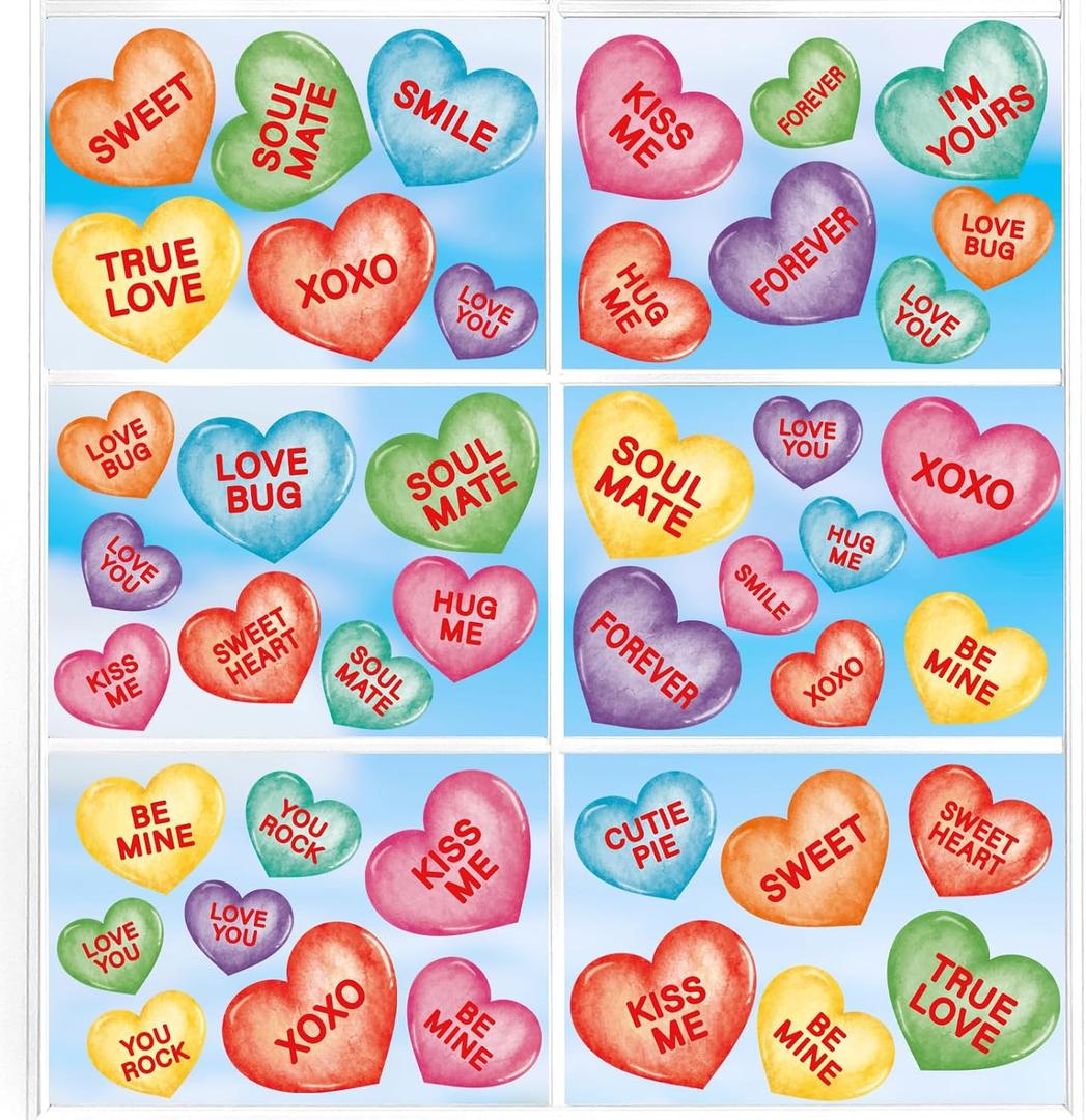 6 x Valentine's Day Window Clings Stickers 9 Sheets, Valentine Conversation Hearts Window Sticker Decor, Valentine Heart Decals Decorations for Glass Valentine's Day Wedding Anniversary Office Home
