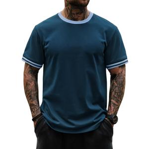 Herberton Men's Ringer Retro Casual Tee Summer New Shirts Rib-Knit Cuffs Plain Classic Trendy Knitted Cotton Solid Color Ribbed Heavyweight Gym Solid Crewneck Tshirt Navy XXL (Blue, XXL)