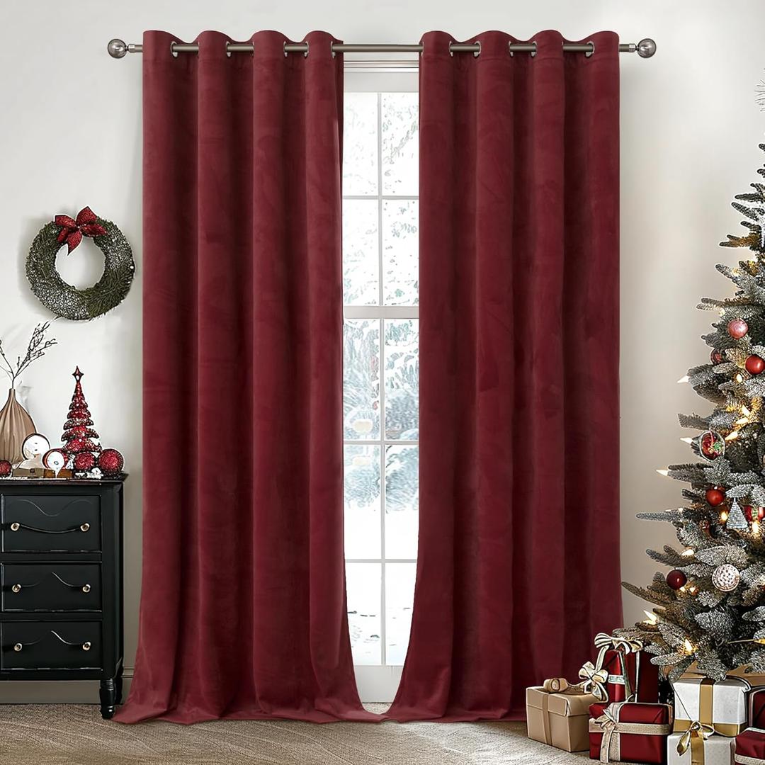 YoungsTex Burgundy Velvet Curtains 84 Inch Length for Living Room, Thermal Insulated Drapes with Gommet Blackout Privacy Protection for Dining Bedroom, 2 Panels, 52 X 84 Inch