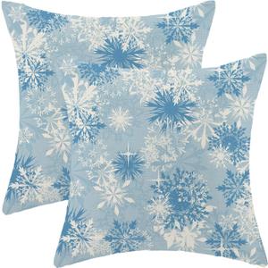 Christmas Pillow Covers 18 x 18 Inch Set of 2 Winter White Blue Snowflake Throw Pillows Outdoor Decorative Xmas Pillowcases Linen Cushion Cases for Farmhouse Home Bed Sofa Couch