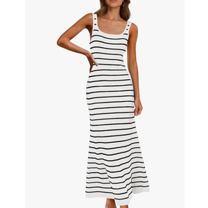 MEROKEETY Women's 2025 Sleeveless Summer Tank Dress Striped Bodycon Maxi Dress Square Neck Ribbed Knitted Sundress Size M