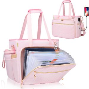 Teacher Tote Bag with Accordion File Organizer Pocket, Soft Nylon Utility Bag with 15.6 inch Laptop Compartment & USB Port, Large Work Tote Bag for Office Supplies Women (Pink)