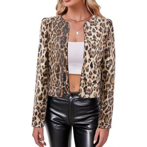 TYNORA Womens Sequin Jackets Long Sleeve Open Front Coat Glitter Short Blazer Casual Coat Party Club, Medium, Leopard