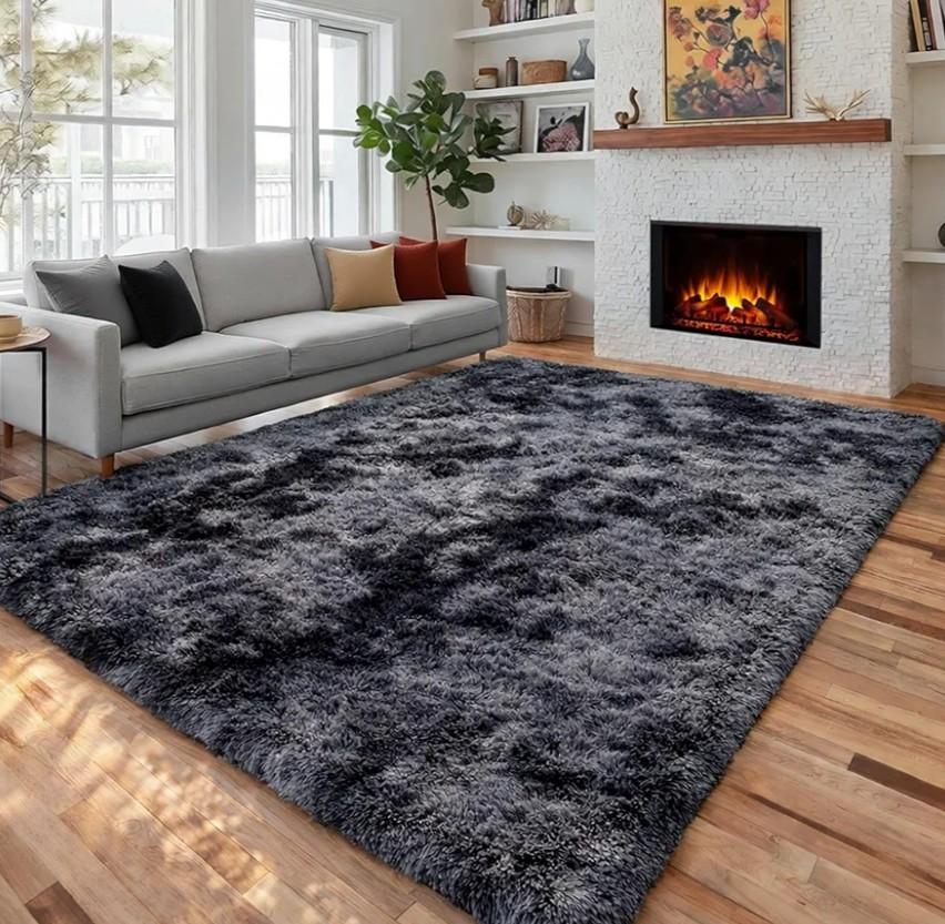 Abstract Shaggy Area Rug 4' x 6' Plush Furry Rugs for Living Room, Tie-Dyed Dark Grey Soft Fluffy Rugs for Bedroom Grils Boys, Fuzzy Rug for Nursery, Dorm. Shag Carpet for Kids Room Decor