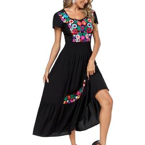 Women's Summer Maxi Dress Casual Floral Embroidered Round Neck Ruffle Short Sleeve Tiered Dress Flowy Boho Beach Sundress Black (Size M, Black)