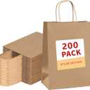 vanhel 200 Pack Brown Paper Bags with Handles,8x4.25x10.5 Inches,Gift Bags Medium Size,Gifts Bag Bulk for Festival,Birthday,Favor,Party,Shopping,Retail Merchandise.