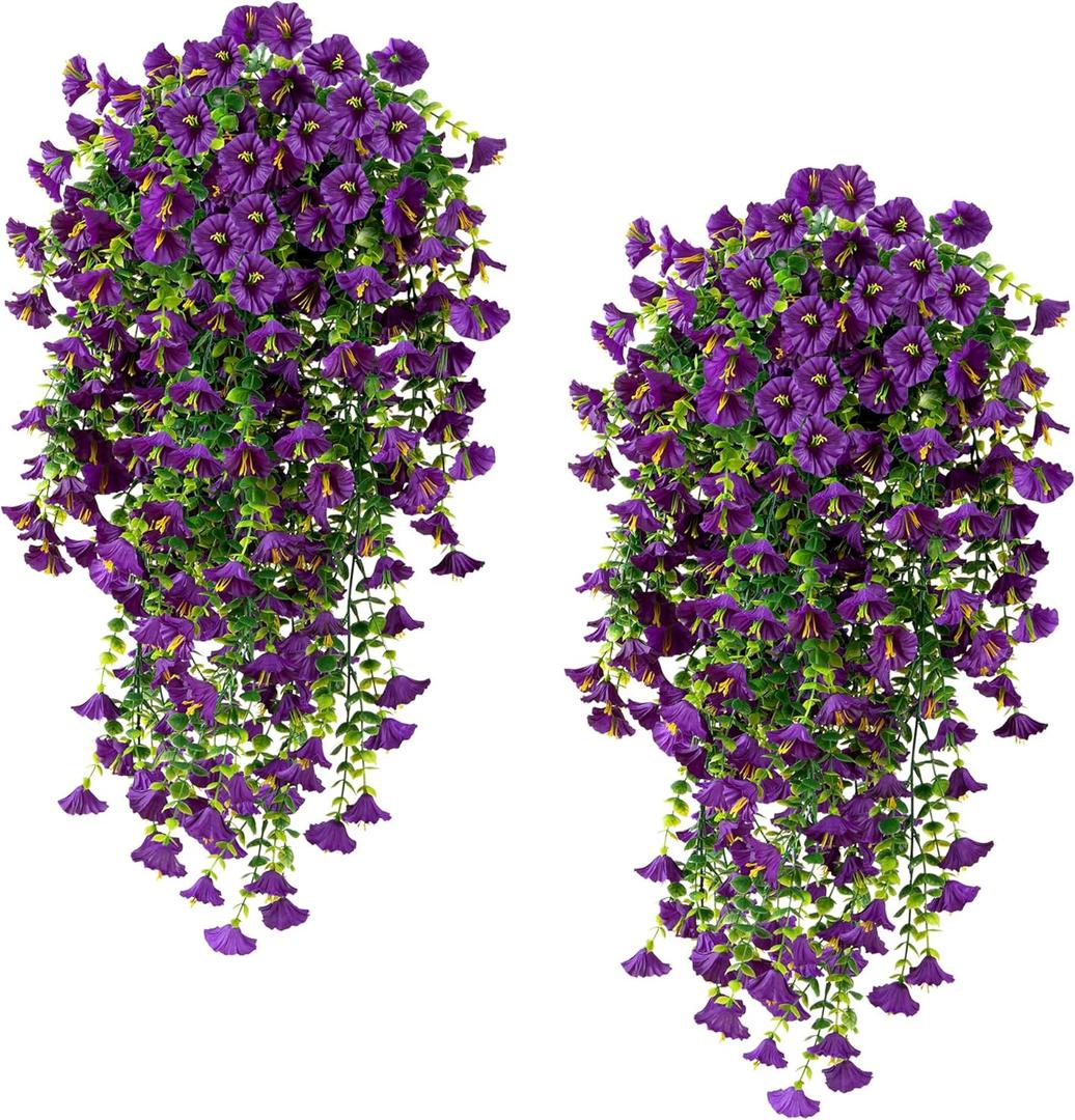 Fanfantoey Artificial Hanging Flowers for Outdoors, 2Pcs UV Resistant Fake Flowers, Realistic Faux Petunias Silk Long Vines Morning Glory Eucalyptus for Outside Planter Porch Patio Home Decor, Purple