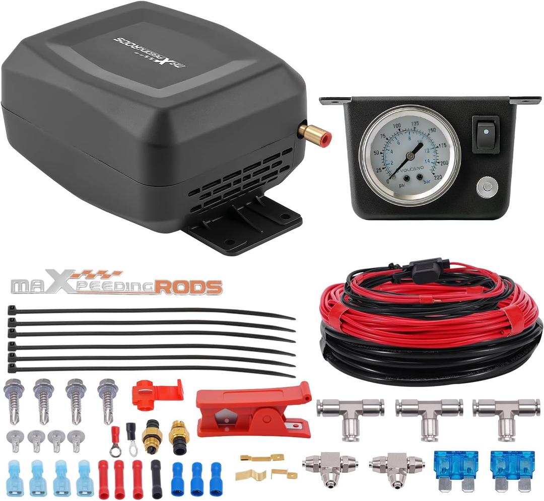 maXpeedingrods On Board Air Compressor System Universal Air Spring Compressor Kit with Gauge Air Line T Fittings for Trucks Vans (Black)