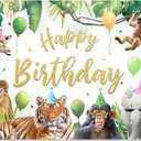 Fabric 96x60inch Jungle Animals Photography Backdrop Happy Birthday Safari Tropical Forest Zoo Background Kids Party Decoration Wildlife Photo Banner Booth