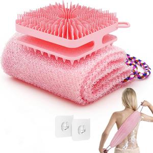 Manmihealth Dual-Sided Silicone Body Scrubber Scalp Massager & African Bath Sponge Net Set, 2-in-1 Silicone Shower Shampoo Brush Africa Wash Net Combination, Lather Well, Strong Exfoliating (Pink)