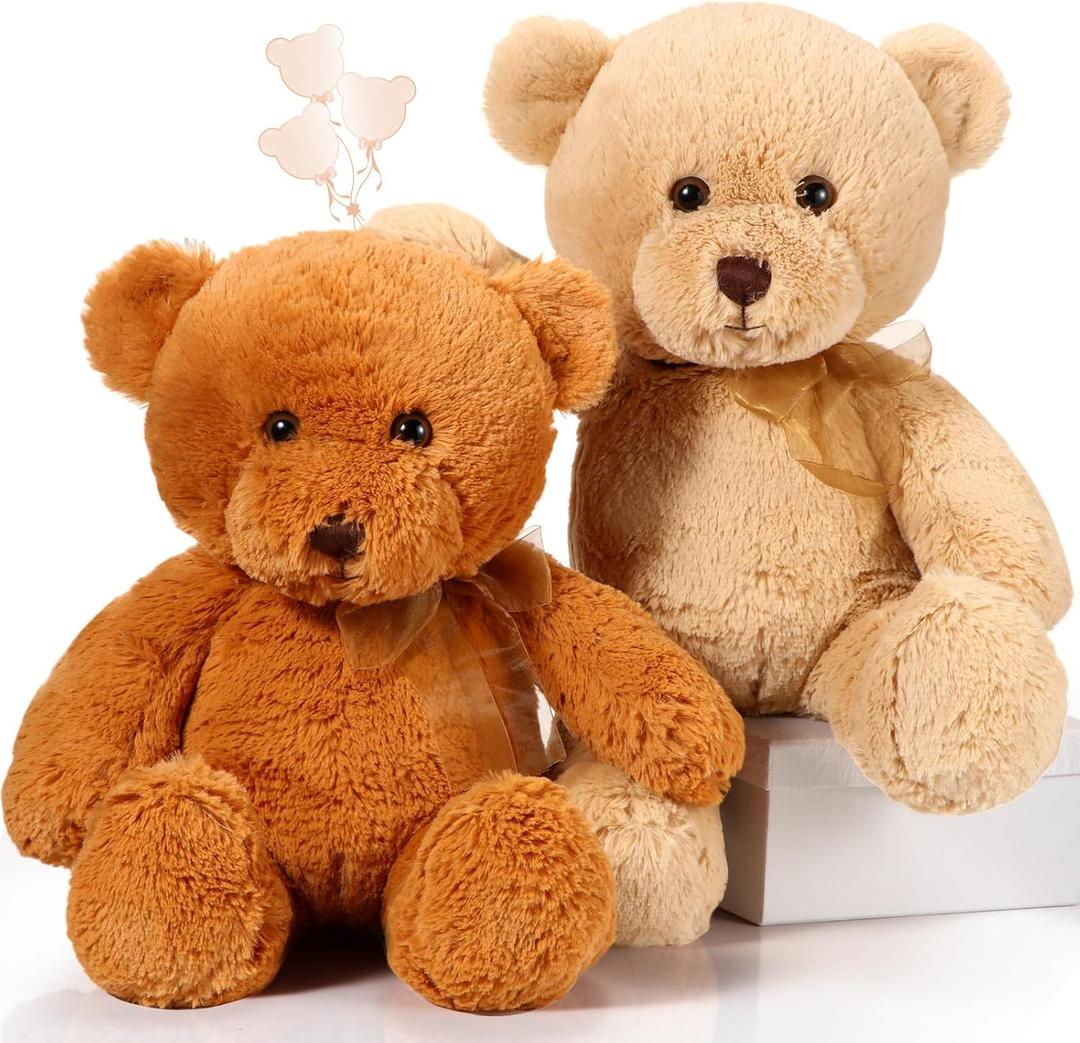 Wettarn 2 Pack Plush Bear Stuffed Animal 18 Inch Cuddly Stuffed Bears Plush with Bow for Kids Birthday Children's Day Baby Shower Party Favor Decors(Light Brown, Dark Brown)