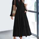 Women's Long Sleeve Maxi Dress with Pockets Spring Fall 2026 V-Neck Flowy Casual Wedding Guest Dress Elastic Waist 2XL