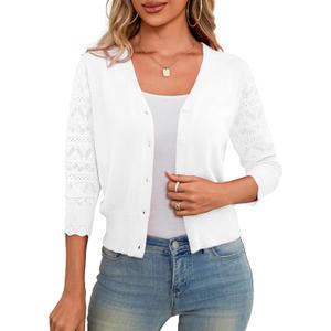 LIENRIDY Women's 3/4 Sleeve Shrug Cardigan for Dresses | Elegant 3/4 Hollow Out Sleeve Design • Button Front V Neck Style • Perfect Layering Piece • Cropped Length (White)