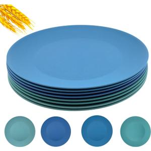 10 inch Wheat Straw Plates, Unbreakable Flat Dinner Plate Set of 8, BPA Free Dishwasher & Microwave Safe Reusable Salad Camping for Kids Kitchen (4 Color) (Blue Green)