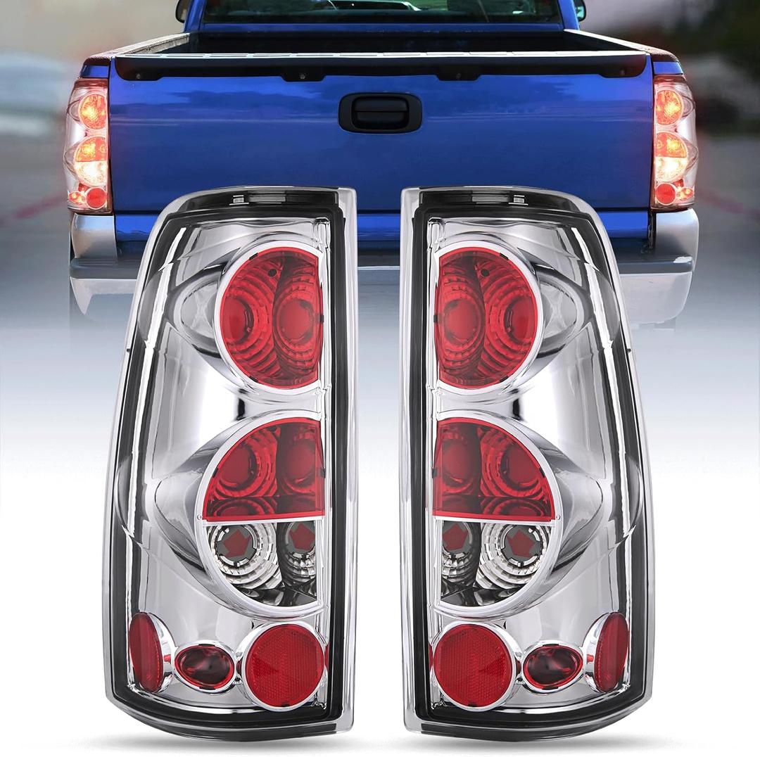 Nilight Taillight Assembly Compatible with 1999 2000 2001 2002 2003 2004 2005 2006 2007 Chevy Silverado 1999-2002 GMC Sierra Rear Lamp Classic Body OE Style Chrome Housing Clear Lens