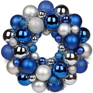 Christmas Ball Wreath 13" Xmas Wreaths Ornaments Glitter Thicken Shatterproof Garland Decoration for Door Wall Mantel Holiday Party Decor, Blue & Silver