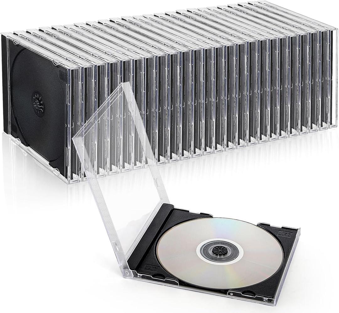 25 Pieces Clear CD Jewel Cases, 10.4 mm Standard Single CD DVD Storage Case with Assembled Black Tray, Plastic Discs Protective Covers for CD Collection Organization