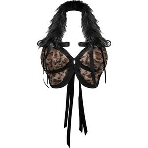 MakeMeChic Women's Plus Size Cheetah Halter Top Contrast Faux Fur Tie Back Y2K Going Out Tops (Black)