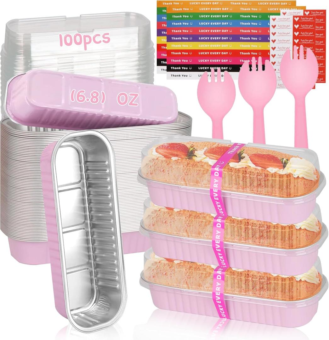 100 Pack Mini Loaf Pans Mini Cake Pans with Lids and Spoons Sealing Sticker, 6.8oz Rectangle Aluminum Foil Baking Pans Disposable Loaf Cake Pan for Baking (Pink)