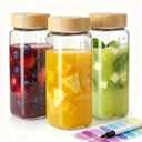 HomArtist 16oz Square Glass Juice Bottles with Lids, 3 Pack Reusable Juice Containers with Bamboo Lids, Glass Juicing jars for Drinking Tea, Kombucha, Smoothie, Milk