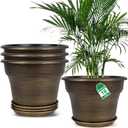 16 inch Plant Pots Outdoor Planters4 Pack Large Plastic Flower Pot For Indoor Plants With Drainage Holes & Saucer, Resin Decorative Container Sets With Trays For House Outdoor Garden Plant Dark Gold