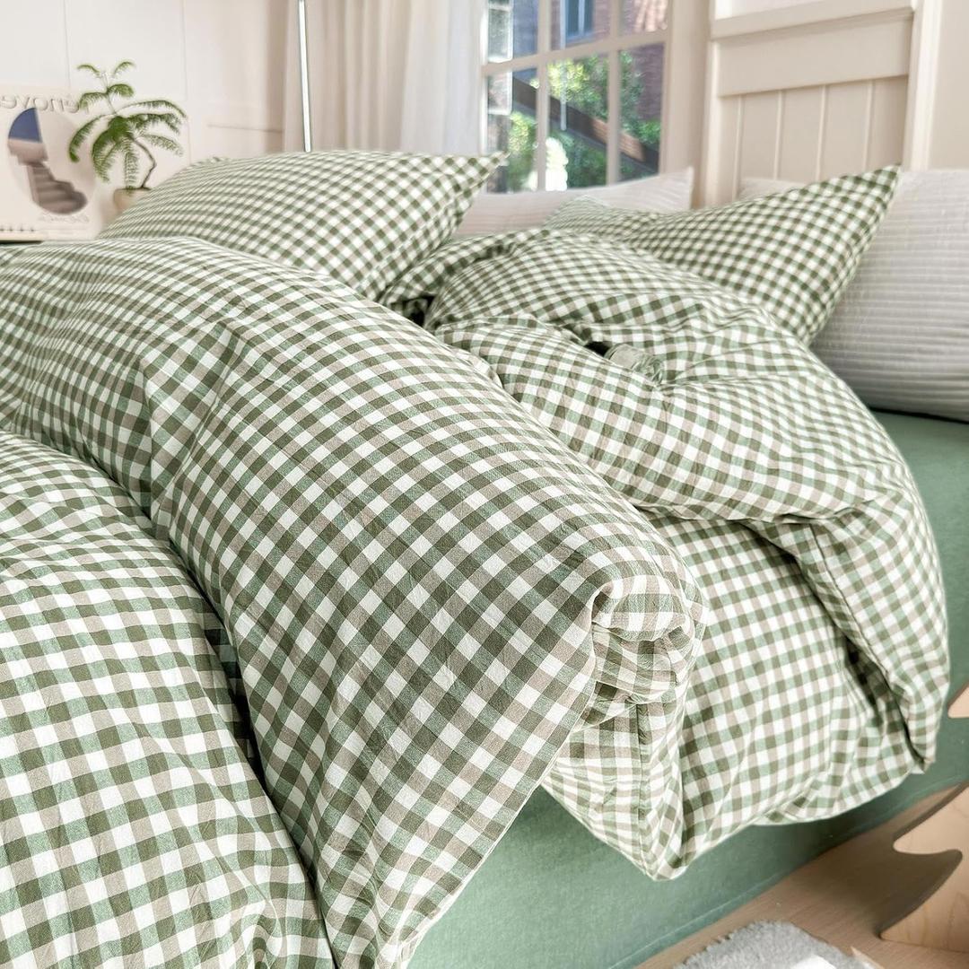 LifeTB Queen Comforter Set Green Gingham Comforter Modern Style Checkered Pattern Comforter Set Boho Grid Plaid Bedding Comforter Lightweight Fluffy Soft Grid Bedding Set Queen Size Breathable (Queen (90"x90"))