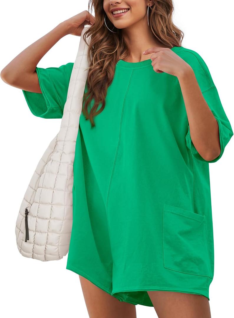 Rompers for Women Casual Romper Shorts Oversized One Piece Outfit | Athletic Tshirt, Short Sleeve, Wide Leg, Side pockets (Green, L)