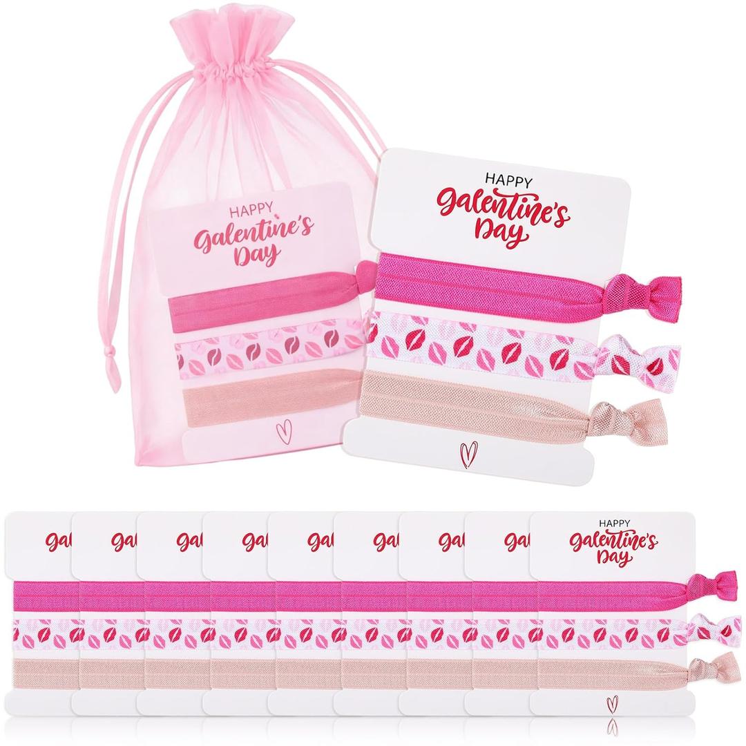 36 Pcs Galentines Day Elastic Hair Ties Pink Headbands Valentines Day Gifts for Women with 12 Happy Galentines Cards and 12 Bags for Holiday Friends Exchange Gifts Party Favors