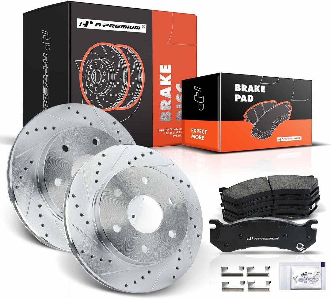 A-Premium 12.00 inch (304.70mm) Front Drilled and Slotted Disc Brake Rotors + Ceramic Pads Kit Compatible with Cadillac, Chevy & GMC Models - Escalade, Avalanche, Express, Silverado, Suburban, Tahoe