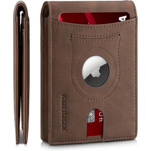 RUNBOX AirTag-Wallet-Mens-Slim-RFID Blocking Wallets Leather with Bill Compartment Air Tag Bifold Card Holder Wallet Gifts for Men Dad (Bicolor Crazy Horse Coffee)