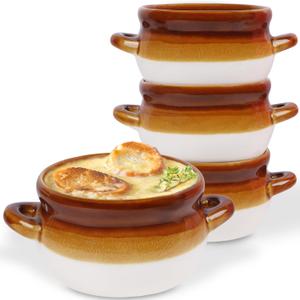 French Onion Soup Crocks, 4 Pack 16 Oz French Onion Soup Bowls Oven Safe, Large Ceramic Soup Bowl with Handles