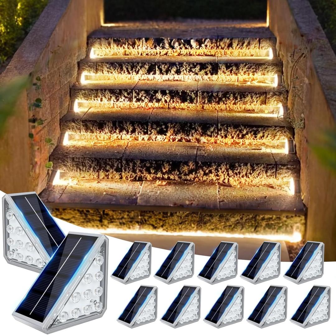 Solar Stair Lights Outdoor Waterproof Auto On Off, 12 Pack Solar Step Lights for Outside IP67, LED Outdoor Stair Lights for Deck Step, Patio, Pathway, Front Step, Deck Decor, Warm Lights