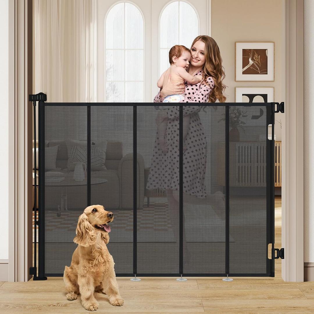 47 Extra Tall Retractable Baby Gate, Reinforced Mesh Dog Gate Extends to 59" Wide, Baby Gate for Stairs, Doorways, Hallways, Indoor and Outdoor, Black