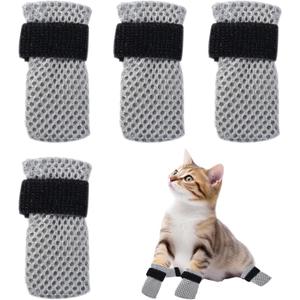 4 Pcs Cat Mittens to Prevent Scratching for Pets with Paw Inner Diameter up to 1.35 Inches, Adjustable Breathable Mesh Kitten Shoes Socks Booties for Only Grey
